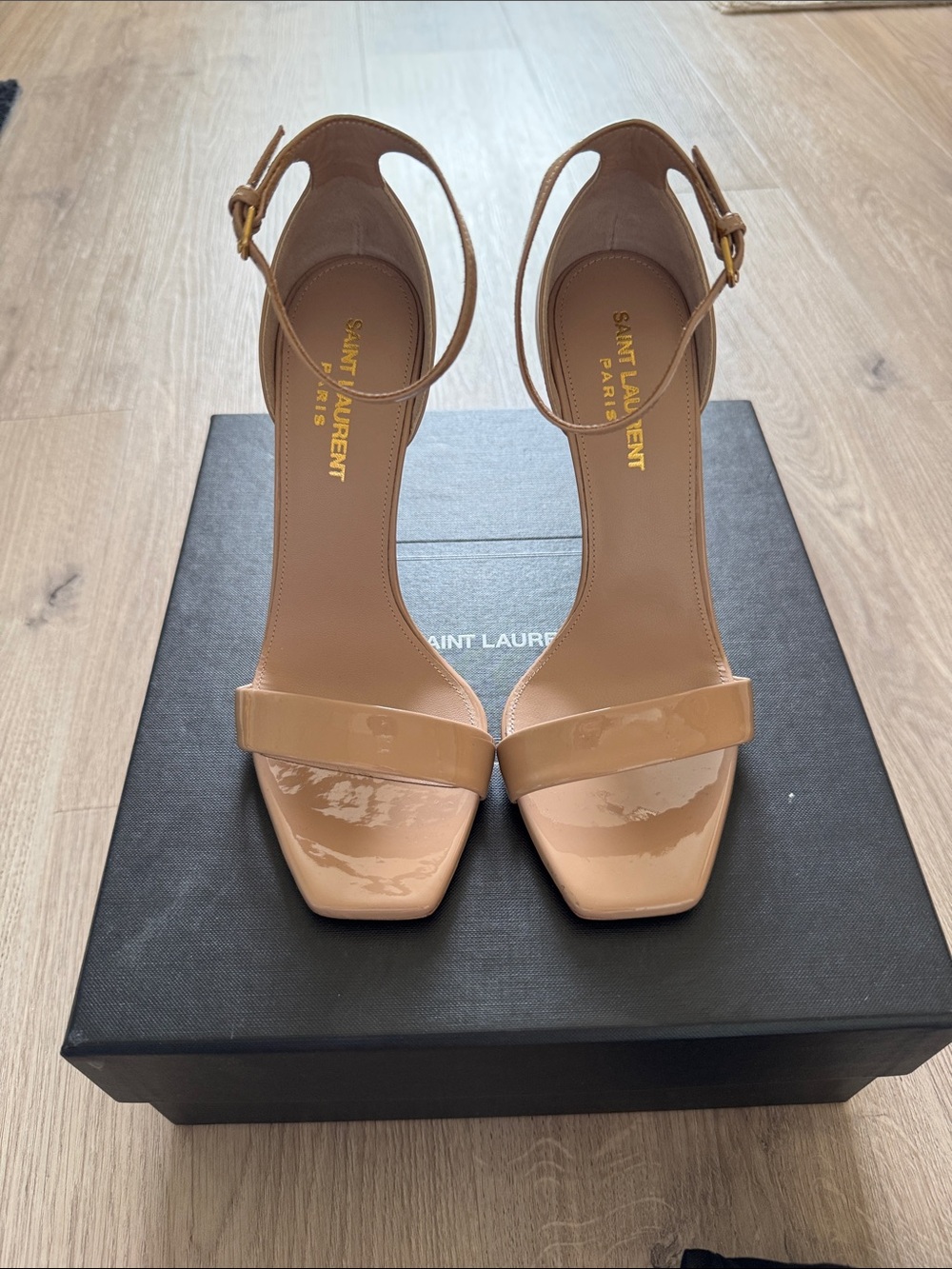 Saint Laurent Nude Patent Leather Ankle-Strap Sandals with Gold Logo